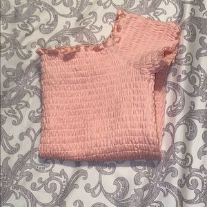 blush pink off the shoulder shirt